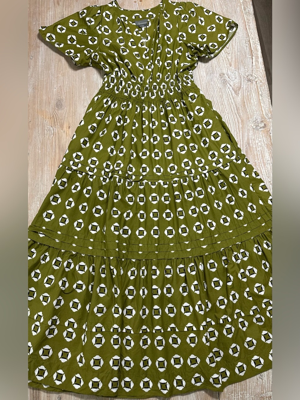 Anthropologie Somerset Olive Green Geometric Tiered Maxi Dress Sz L Cotton - Picture 9 of 15